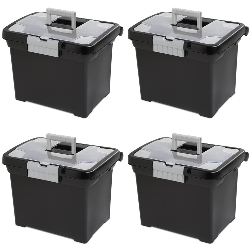 Sterilite Portable Lockable File Box w/ Extra Compartment & Handle (Set of 4)